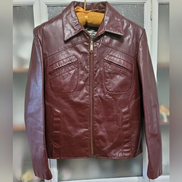 1970's Moto Men's Burgundy Oxblood Zip-Front Leather Jacket Double Lined - Picture 1 of 11